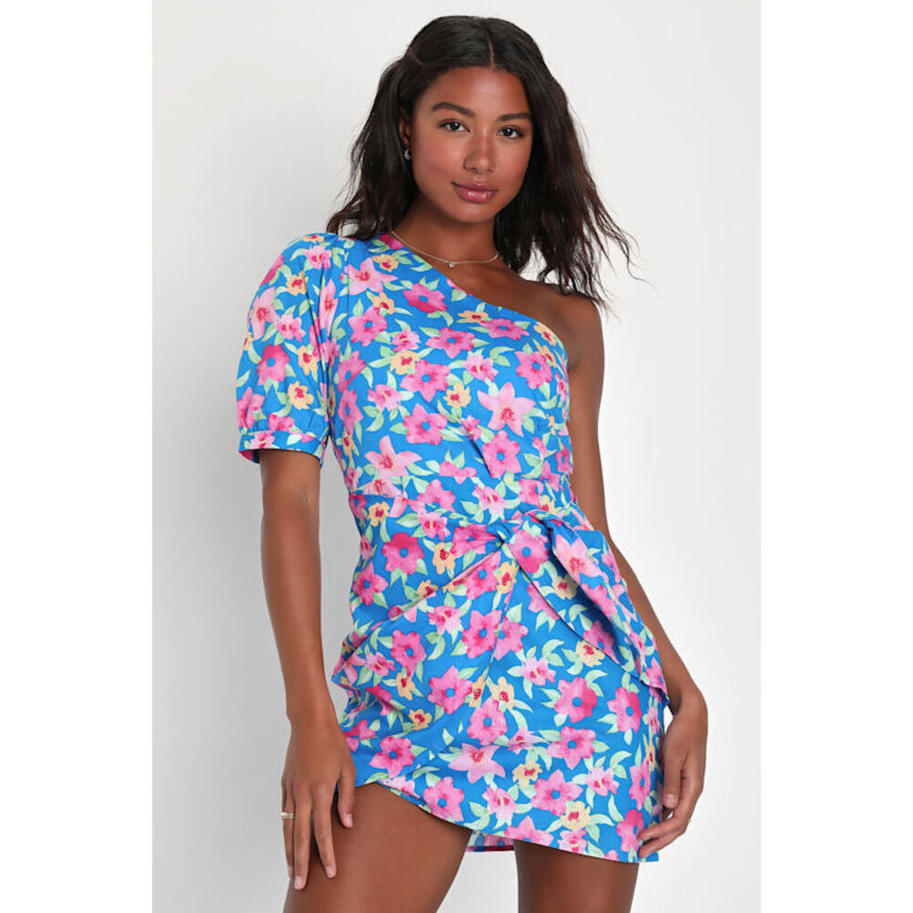 Lulus Thoroughly Sweet Blue Floral Print One-shoulder Mini Dress - Size S
